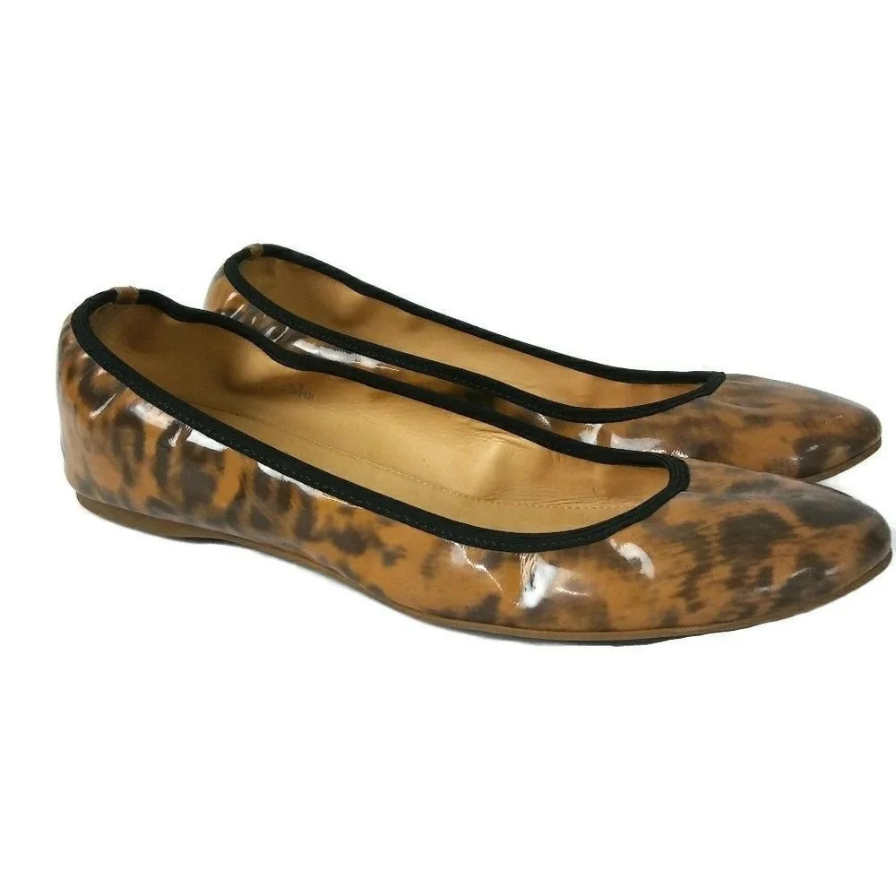 J.Crew Ballet Flats Sz 8.5 Leopard Print Patent Leather Shoes Slip‎ On Loafers
